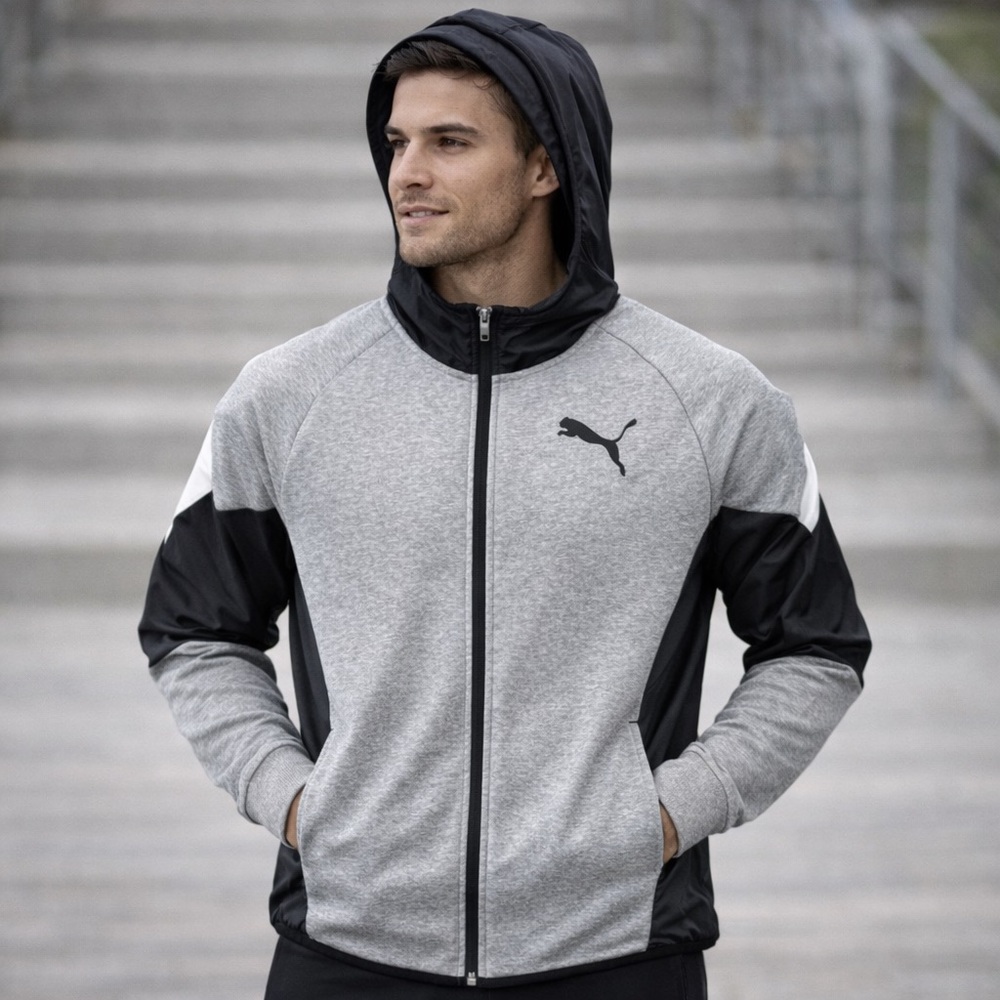 Puma SE Way 1 Track Jacket Mens Medium Herzogenaurach Hood Full Zip Gray Blk